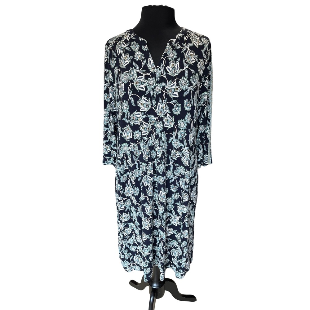 J. Jill Navy Blue Floral Paisley Knit Dress 3/4 Sleeve Side Stripe Large